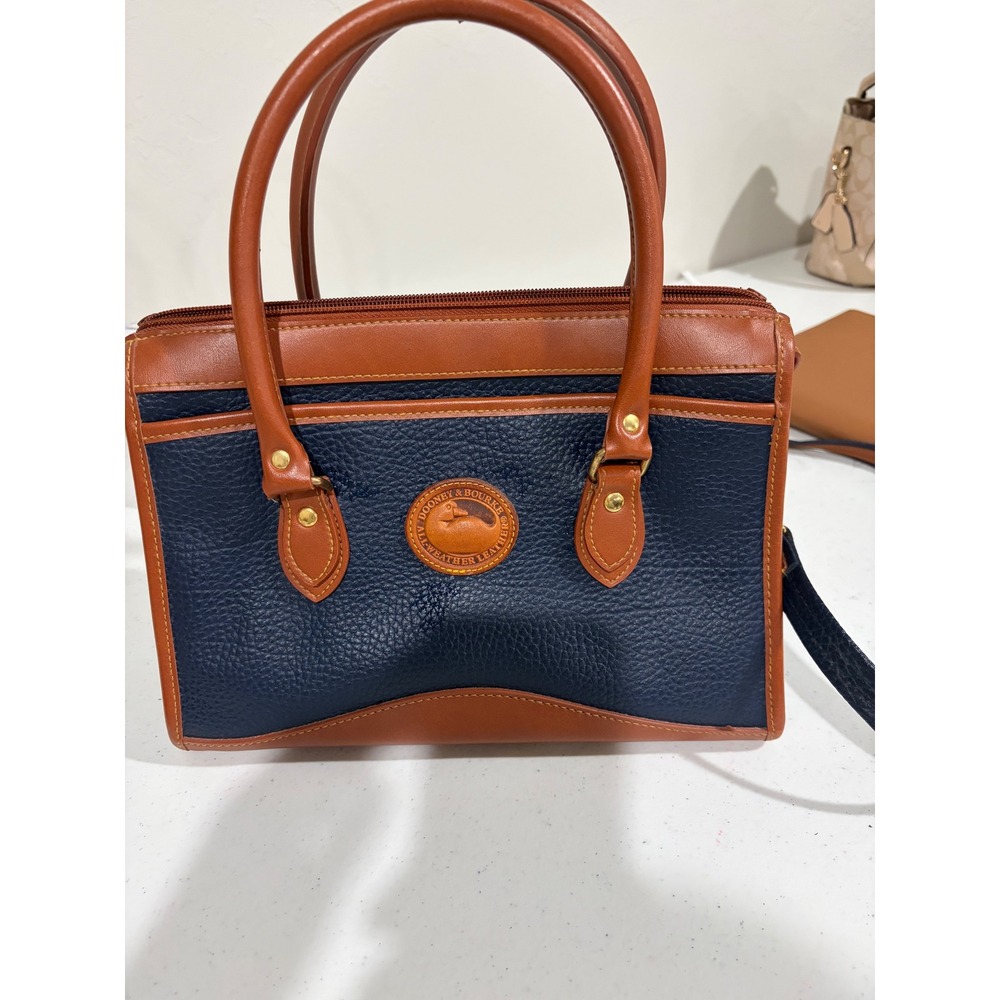Dooney & Bourke All Weather Leather Navy Blue Tan Satchel Handbag Vintage